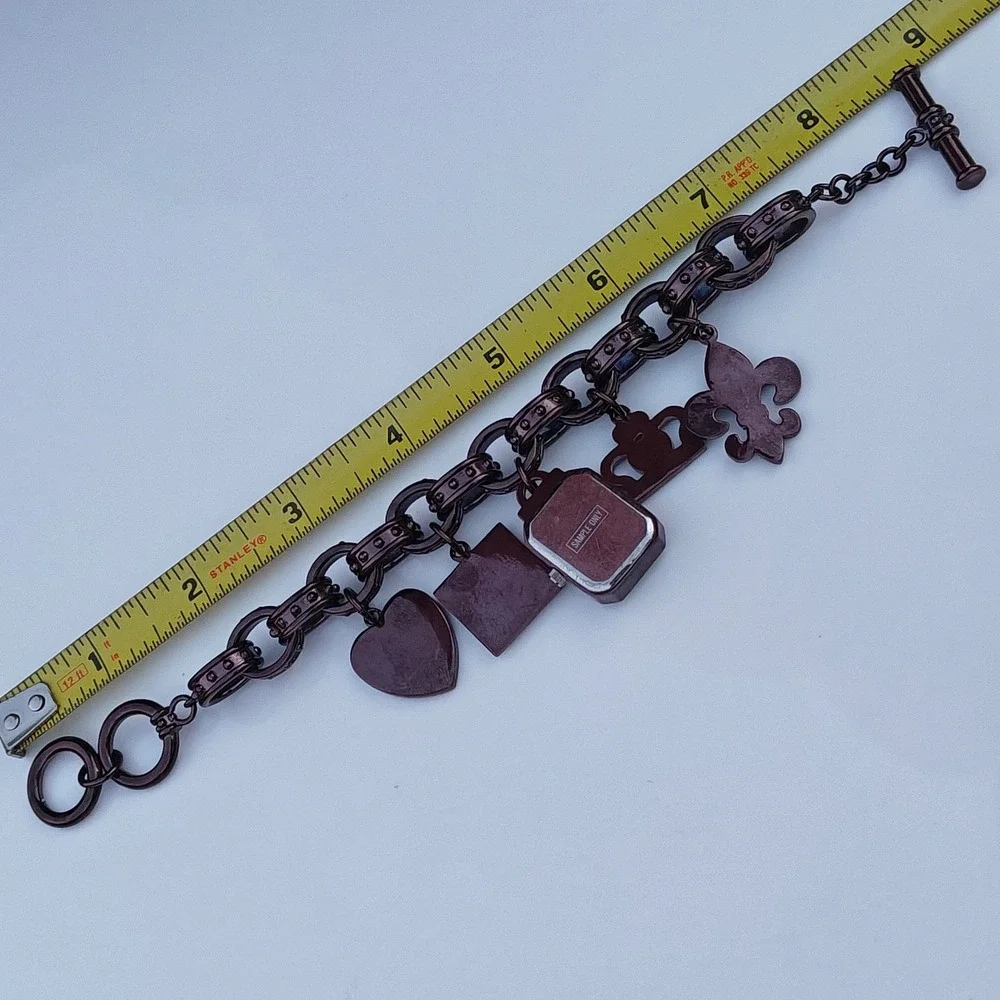 Kathy Van Zeeland Bronze Chunky Charm Bracelet Watch Fleur-de-Lis Crown Heart